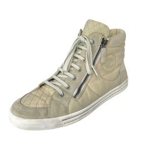 CHANEL 2015 Beige Quilted Canvas & Suede Lace Up High Top Logo CC Sneakers US 10